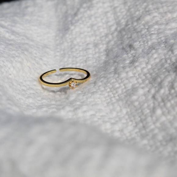 Sterling Silver "V" Shaped Stacking Gold Ring with Single Simulated Diamond - Picture 6 of 14